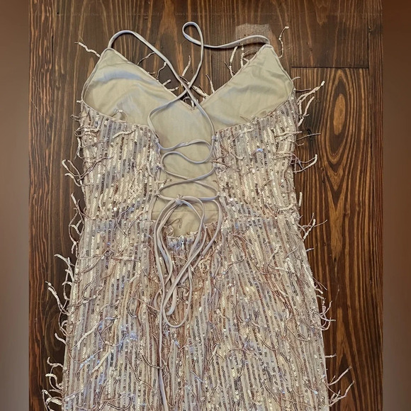 LULUS Endless Festivities Rose Gold Sequin Fringe Lace-Up Maxi Dress Formal Gown - Picture 10 of 13